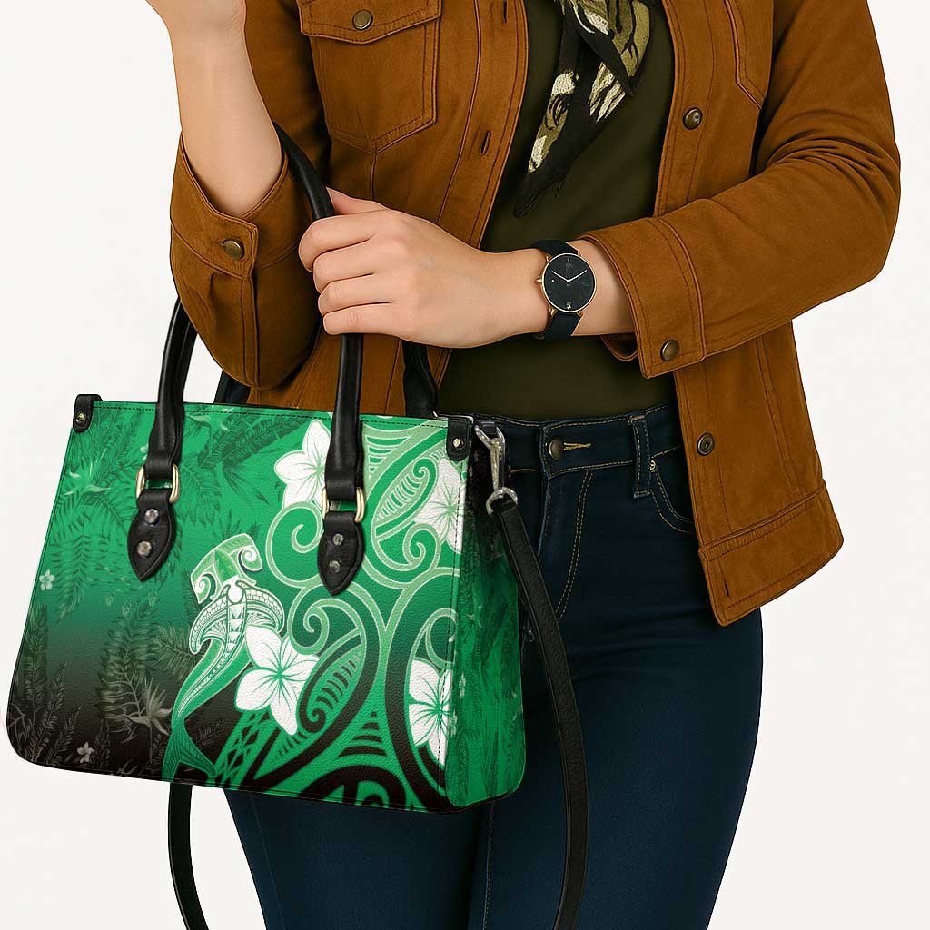 Polynesia Hammerhead Shark Leather Bag Green Tribal Pattern With Plumeria - Polynesian Pride