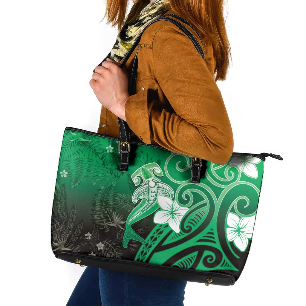 Polynesia Hammerhead Shark Leather Tote Bag Green Tribal Pattern With Plumeria - Polynesian Pride