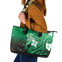 Polynesia Hammerhead Shark Leather Tote Bag Green Tribal Pattern With Plumeria - Polynesian Pride