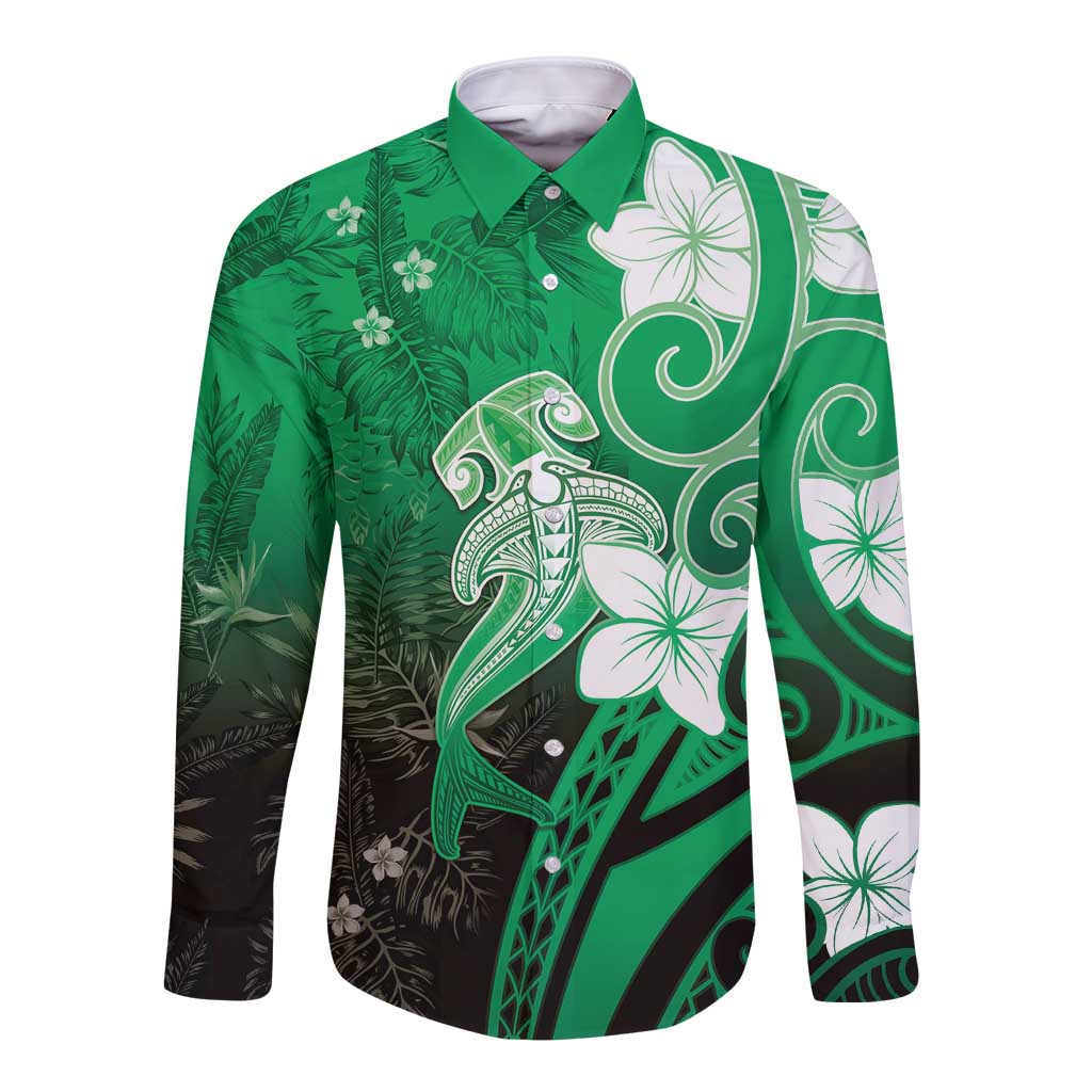Polynesia Hammerhead Shark Long Sleeve Button Shirt Green Tribal Pattern With Plumeria LT05 Unisex Green - Polynesian Pride