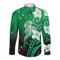 Polynesia Hammerhead Shark Long Sleeve Button Shirt Green Tribal Pattern With Plumeria LT05 Unisex Green - Polynesian Pride