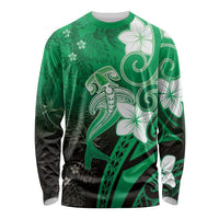 Polynesia Hammerhead Shark Long Sleeve Shirt Green Tribal Pattern With Plumeria LT05 Unisex Green - Polynesian Pride