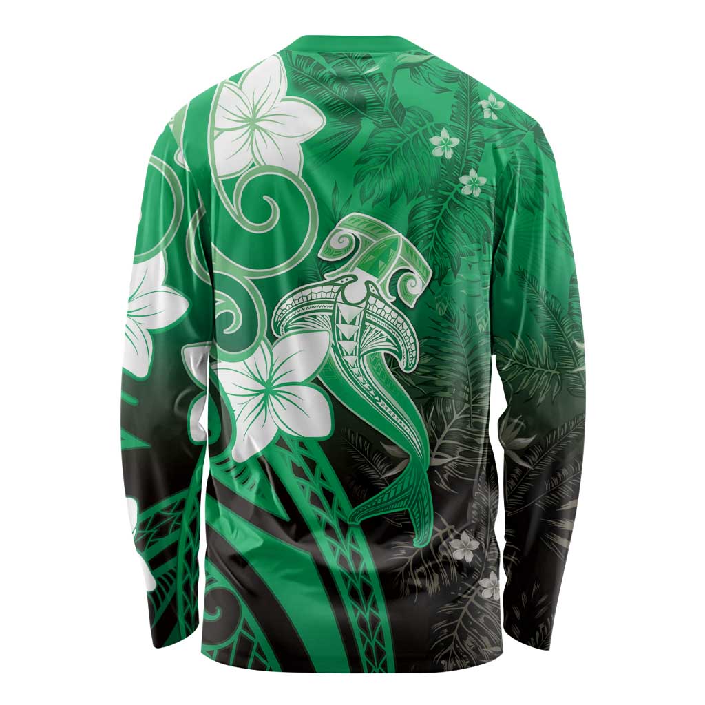 Polynesia Hammerhead Shark Long Sleeve Shirt Green Tribal Pattern With Plumeria LT05 - Polynesian Pride