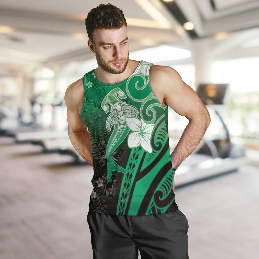 Polynesia Hammerhead Shark Men Tank Top Green Tribal Pattern With Plumeria LT05 Green - Polynesian Pride
