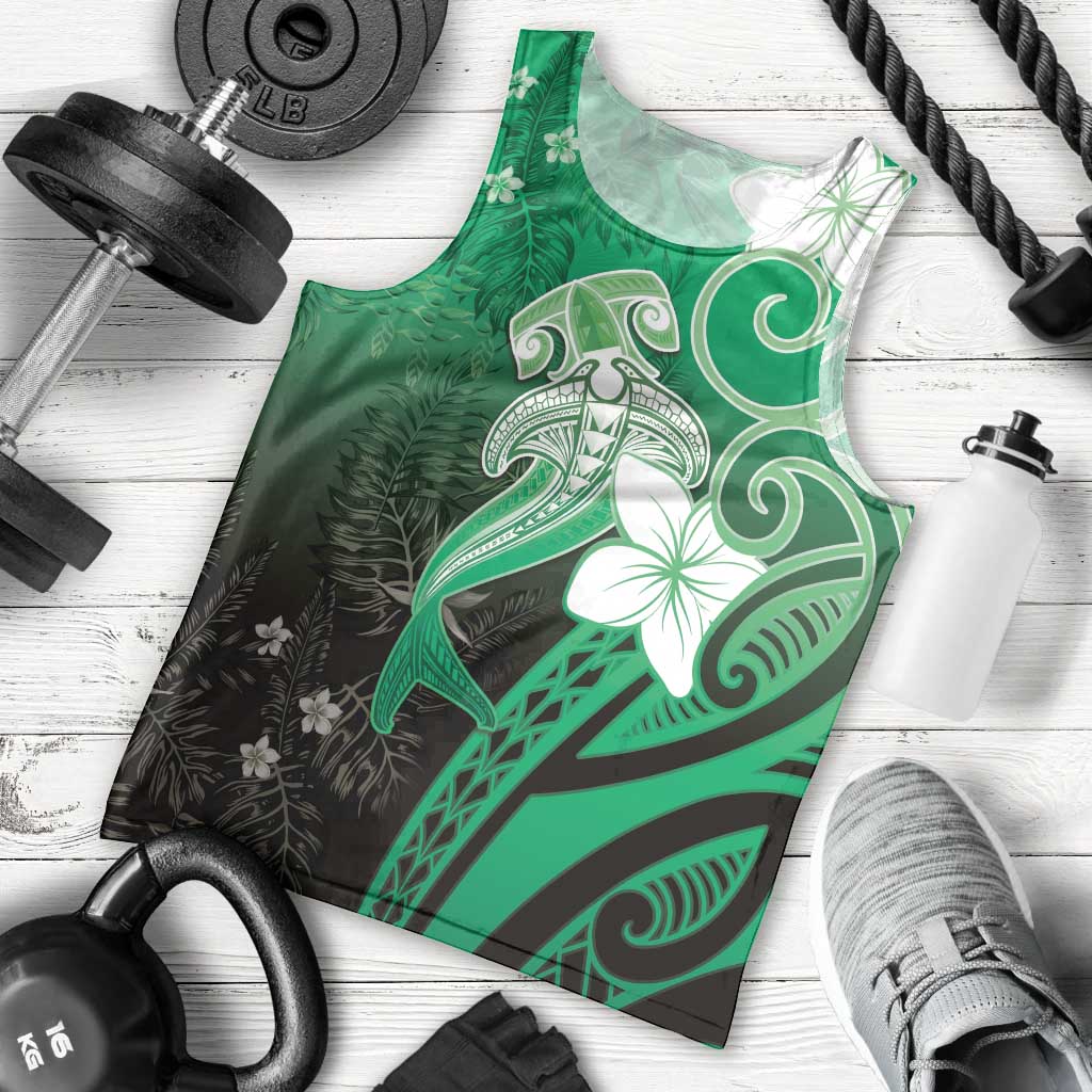 Polynesia Hammerhead Shark Men Tank Top Green Tribal Pattern With Plumeria LT05 - Polynesian Pride