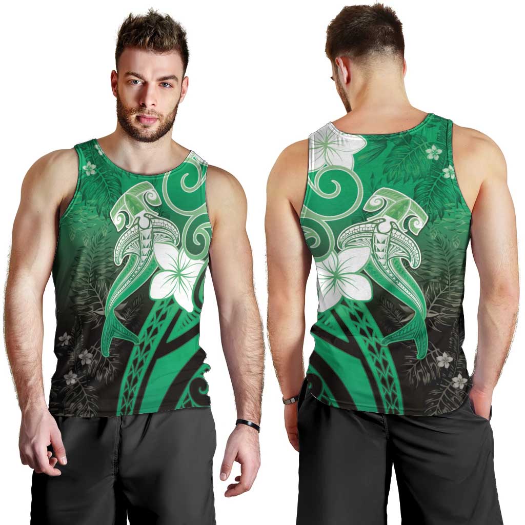 Polynesia Hammerhead Shark Men Tank Top Green Tribal Pattern With Plumeria LT05 - Polynesian Pride