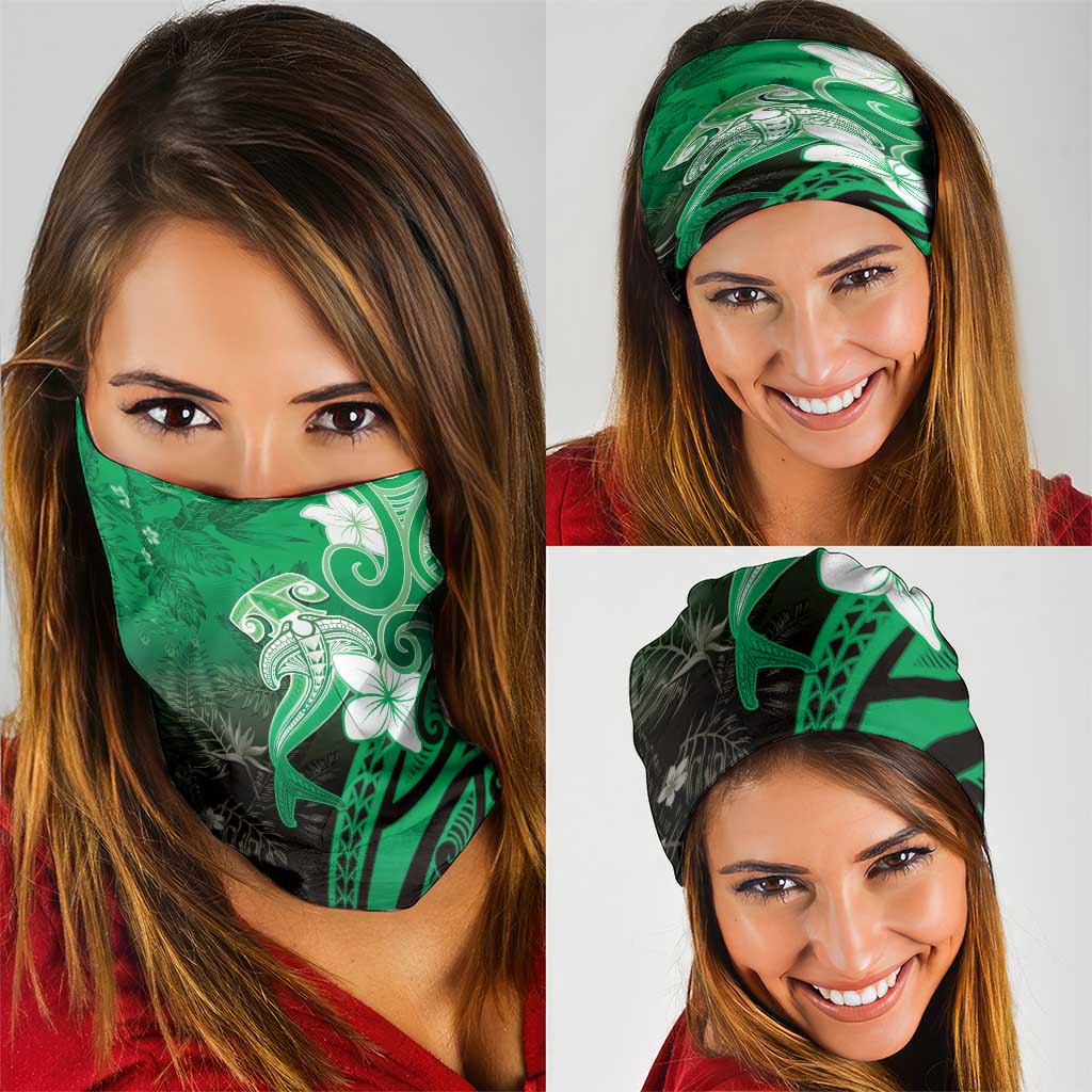 Polynesia Hammerhead Shark Neck Gaiter Green Tribal Pattern With Plumeria LT05 - Polynesian Pride