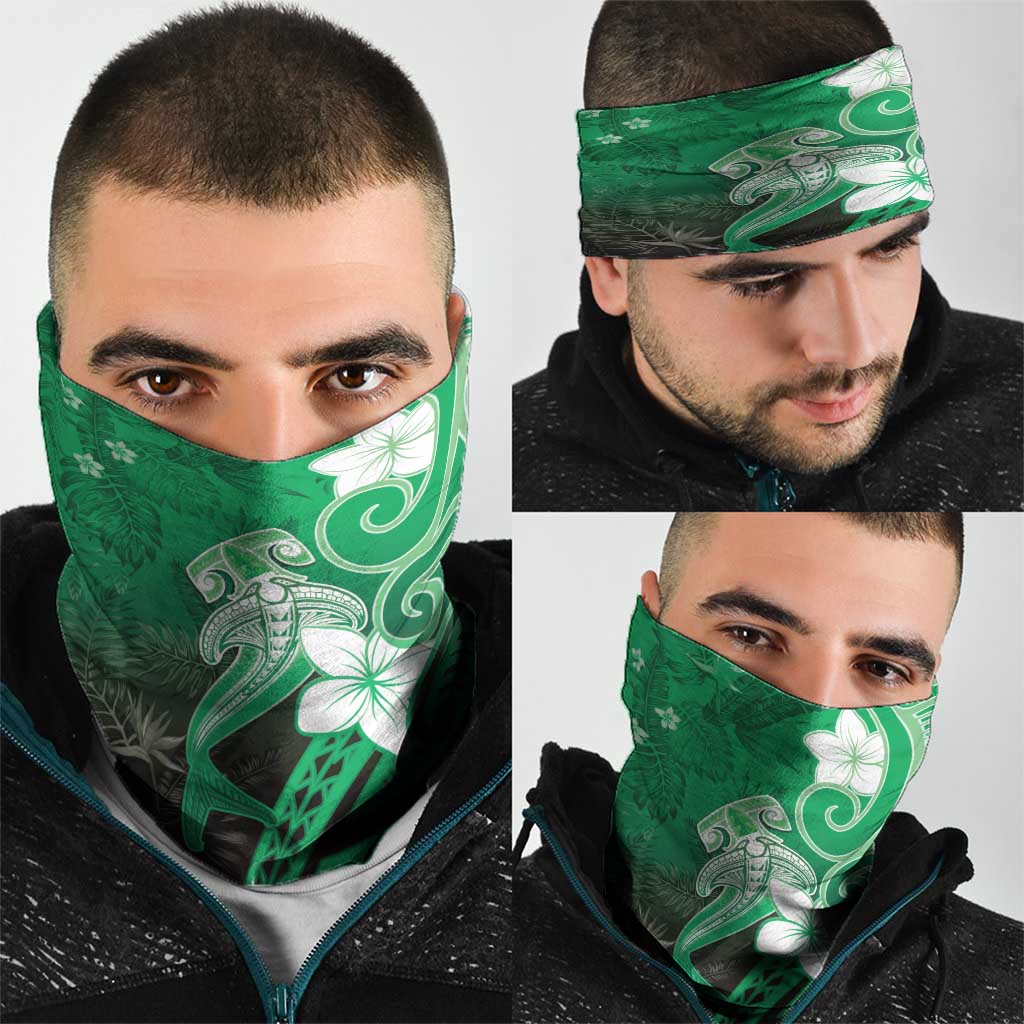 Polynesia Hammerhead Shark Neck Gaiter Green Tribal Pattern With Plumeria LT05 - Polynesian Pride
