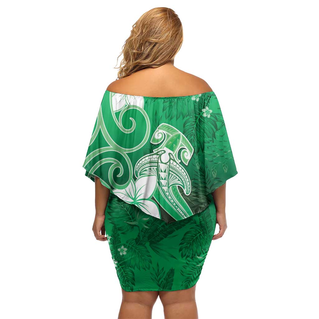 Polynesia Hammerhead Shark Off Shoulder Short Dress Green Tribal Pattern With Plumeria LT05 - Polynesian Pride
