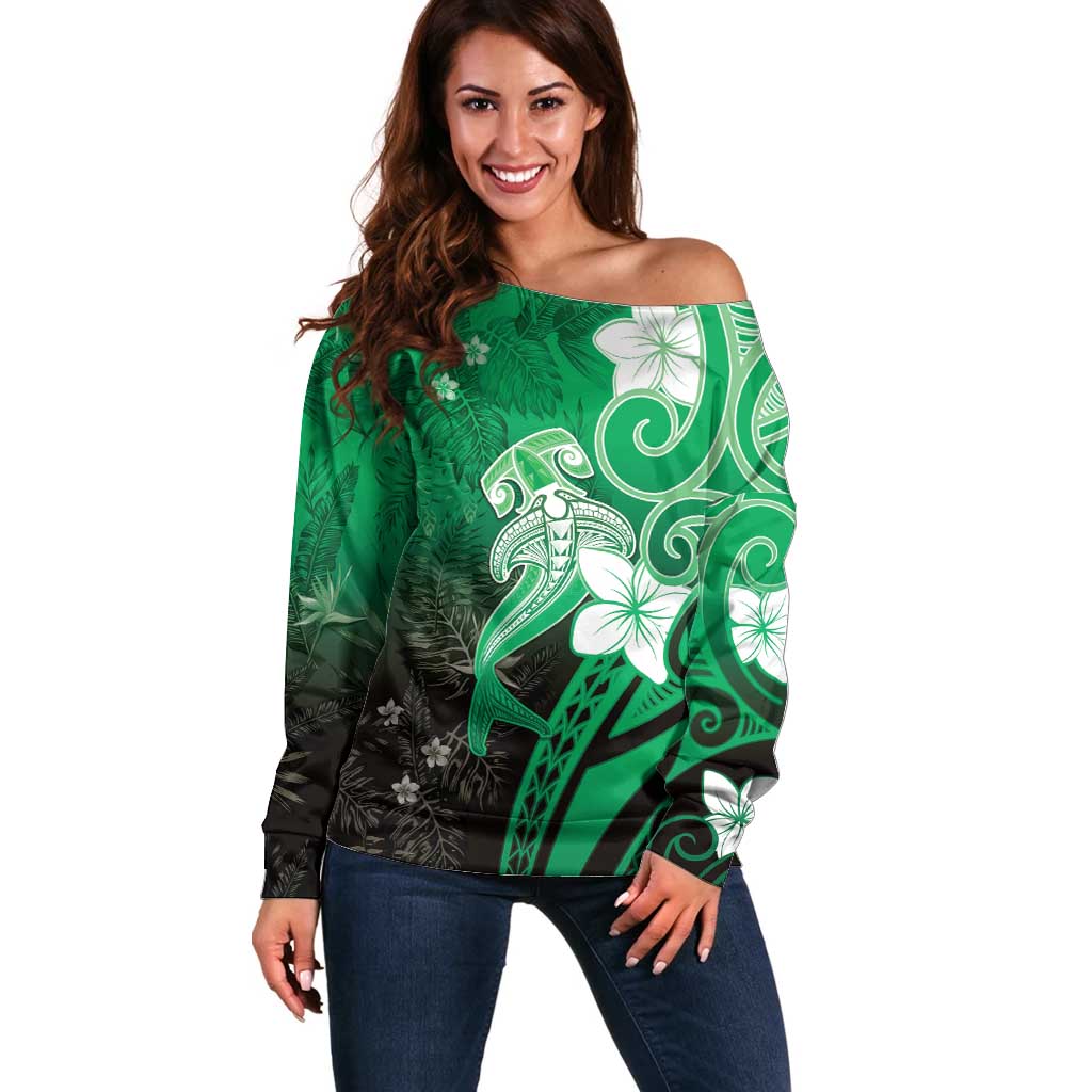 Polynesia Hammerhead Shark Off Shoulder Sweater Green Tribal Pattern With Plumeria - Polynesian Pride