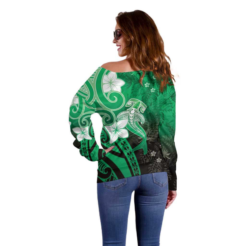 Polynesia Hammerhead Shark Off Shoulder Sweater Green Tribal Pattern With Plumeria - Polynesian Pride