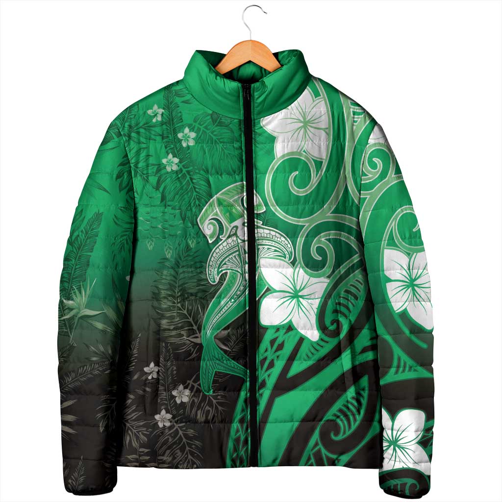 Polynesia Hammerhead Shark Padded Jacket Green Tribal Pattern With Plumeria LT05 - Polynesian Pride