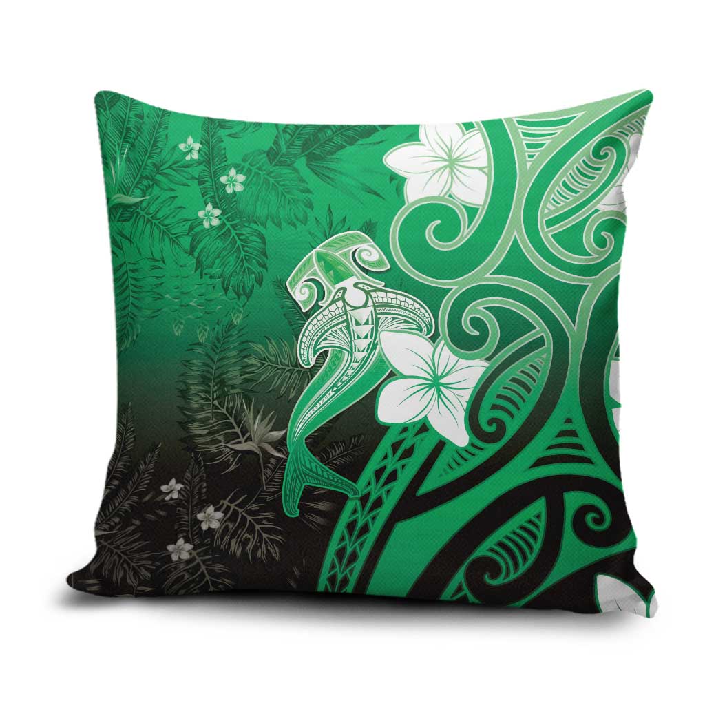 Polynesia Hammerhead Shark Pillow Cover Green Tribal Pattern With Plumeria - Polynesian Pride