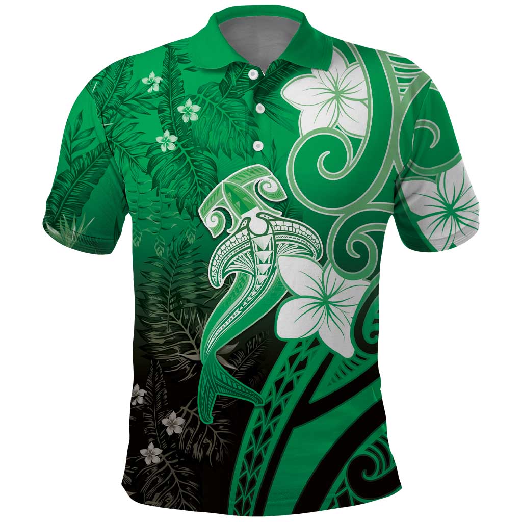 Polynesia Hammerhead Shark Polo Shirt Green Tribal Pattern With Plumeria LT05 Green - Polynesian Pride