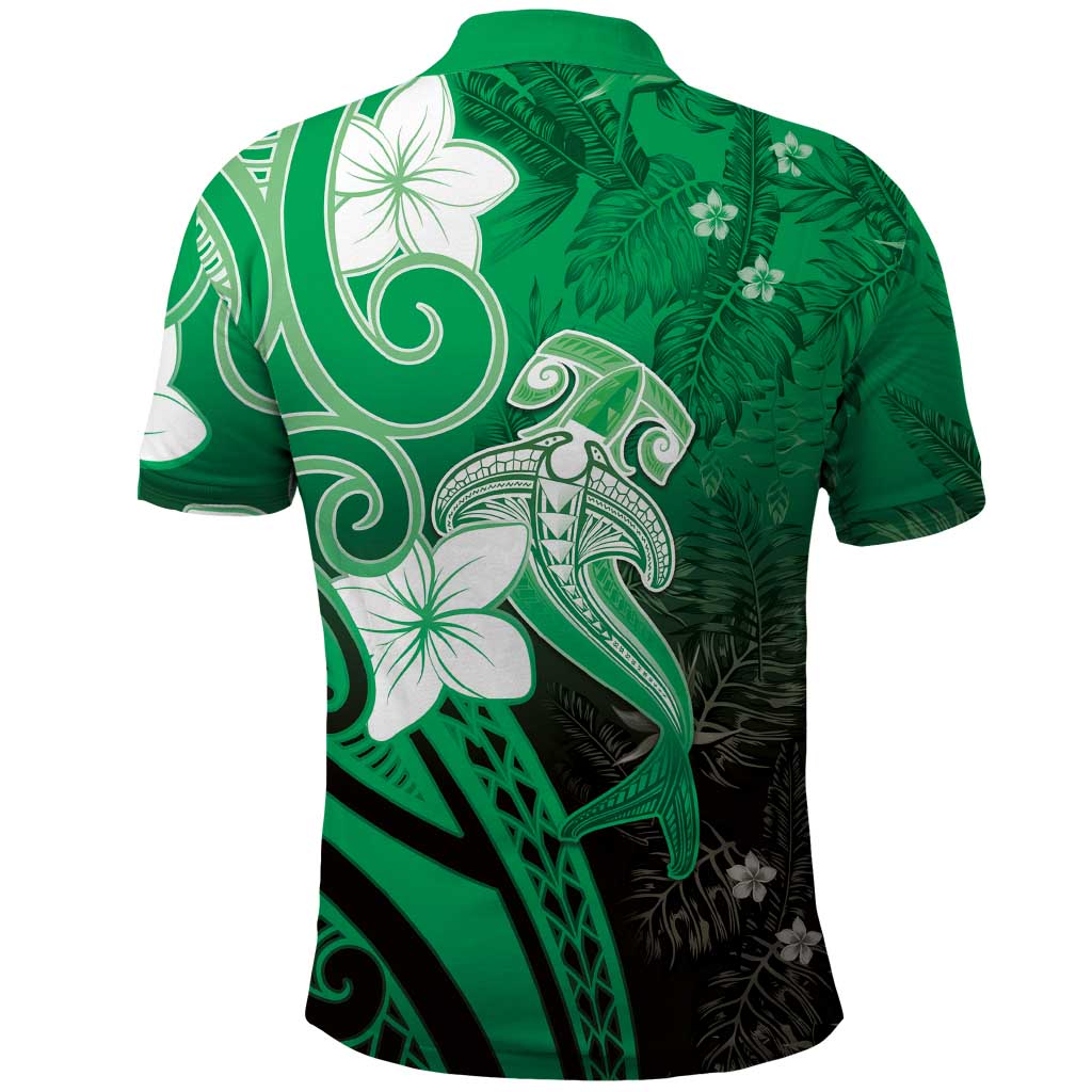 Polynesia Hammerhead Shark Polo Shirt Green Tribal Pattern With Plumeria LT05 - Polynesian Pride
