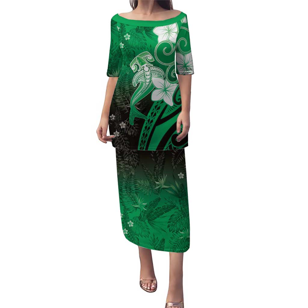 Polynesia Hammerhead Shark Puletasi Green Tribal Pattern With Plumeria LT05 Long Dress Green - Polynesian Pride