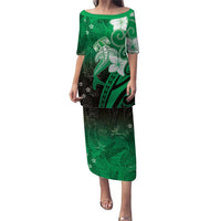Polynesia Hammerhead Shark Puletasi Green Tribal Pattern With Plumeria LT05 Long Dress Green - Polynesian Pride