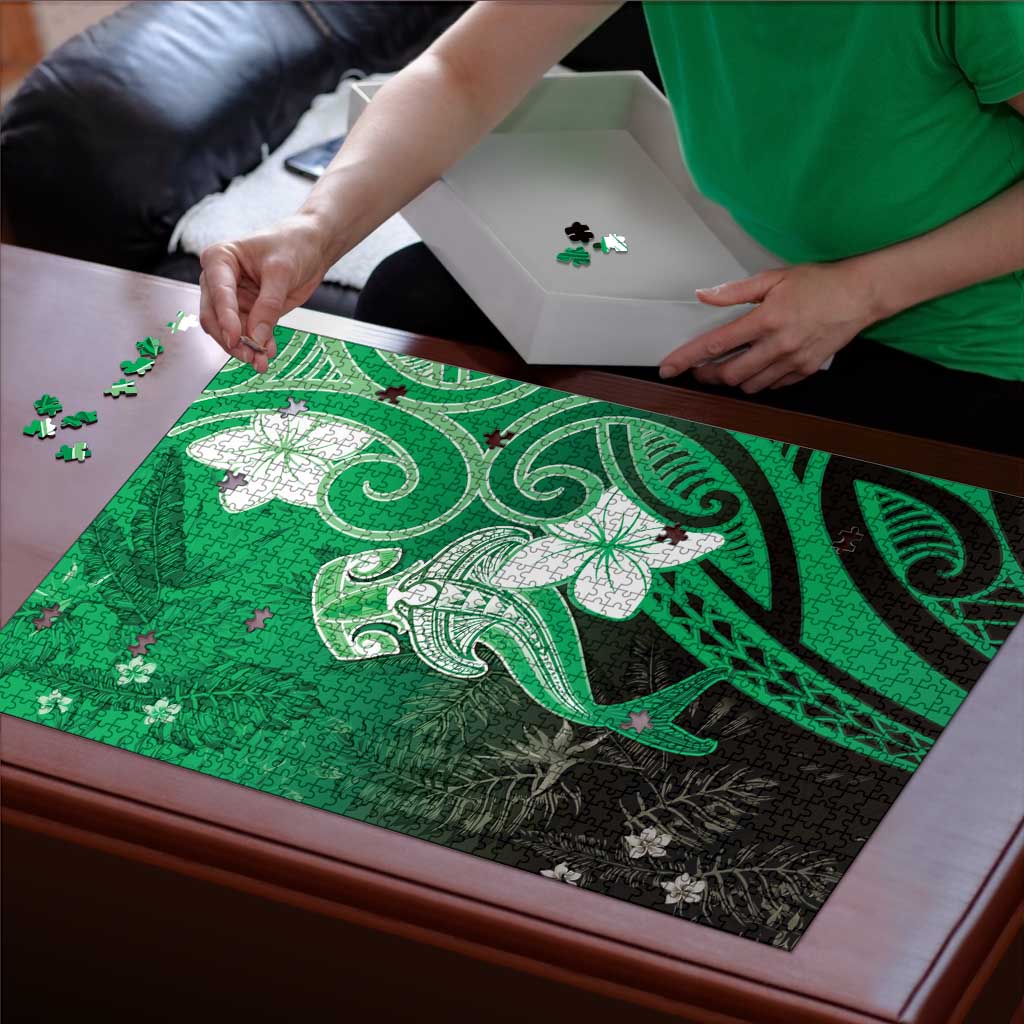Polynesia Hammerhead Shark Puzzle Green Tribal Pattern With Plumeria LT05 - Polynesian Pride