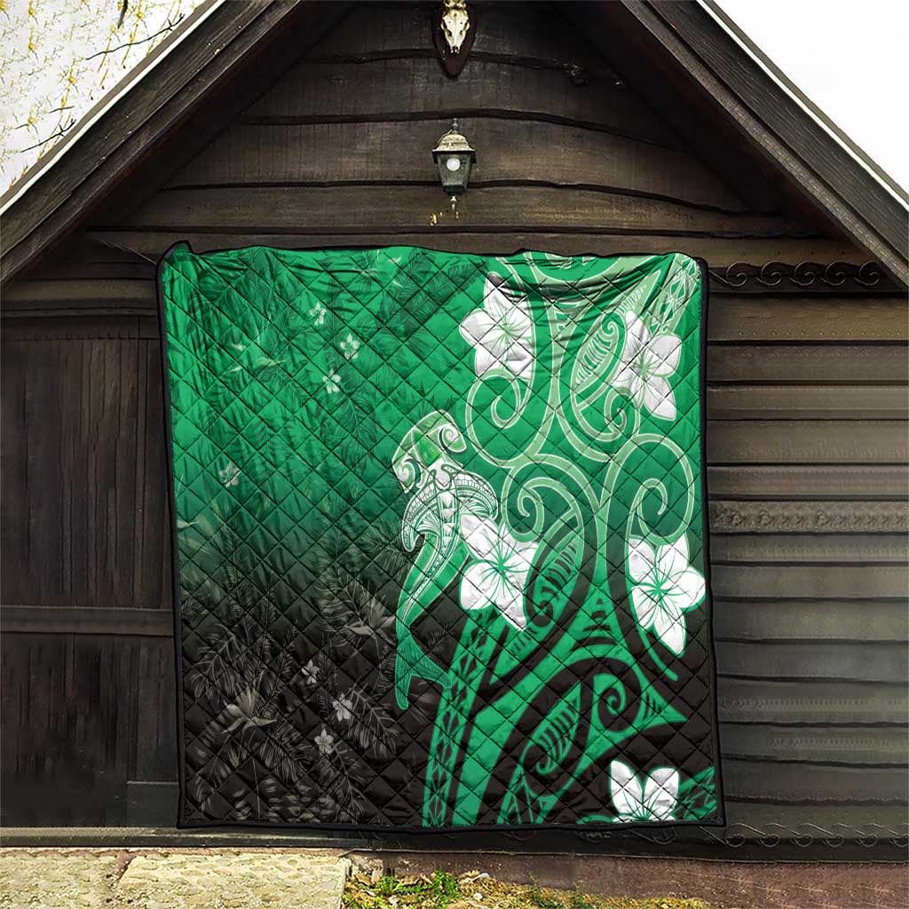 Polynesia Hammerhead Shark Quilt Green Tribal Pattern With Plumeria - Polynesian Pride
