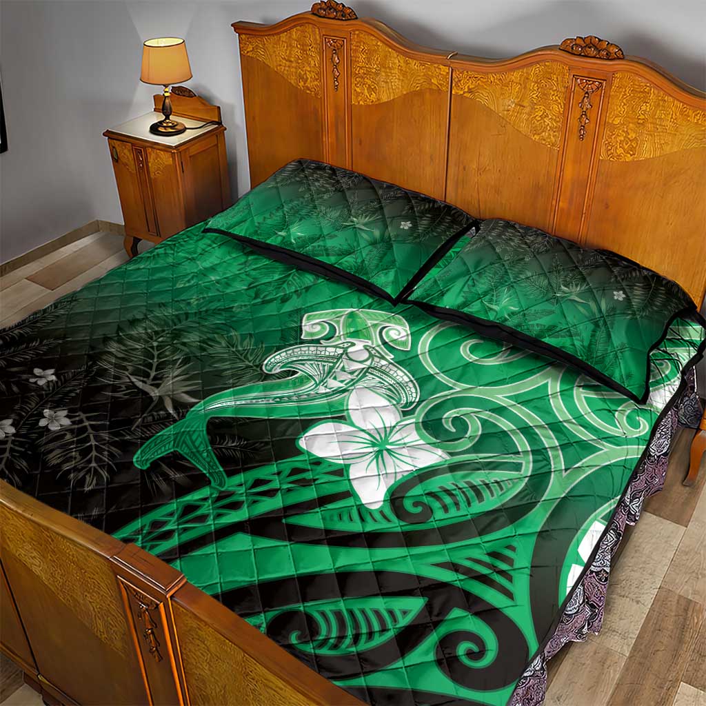 Polynesia Hammerhead Shark Quilt Bed Set Green Tribal Pattern With Plumeria - Polynesian Pride