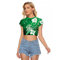 Polynesia Hammerhead Shark Raglan Cropped T Shirt Green Tribal Pattern With Plumeria - Polynesian Pride