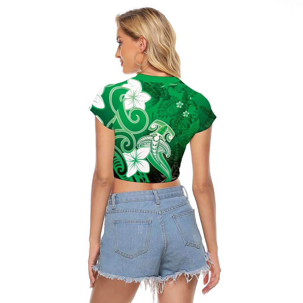 Polynesia Hammerhead Shark Raglan Cropped T Shirt Green Tribal Pattern With Plumeria - Polynesian Pride