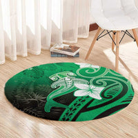 Polynesia Hammerhead Shark Round Carpet Green Tribal Pattern With Plumeria - Polynesian Pride