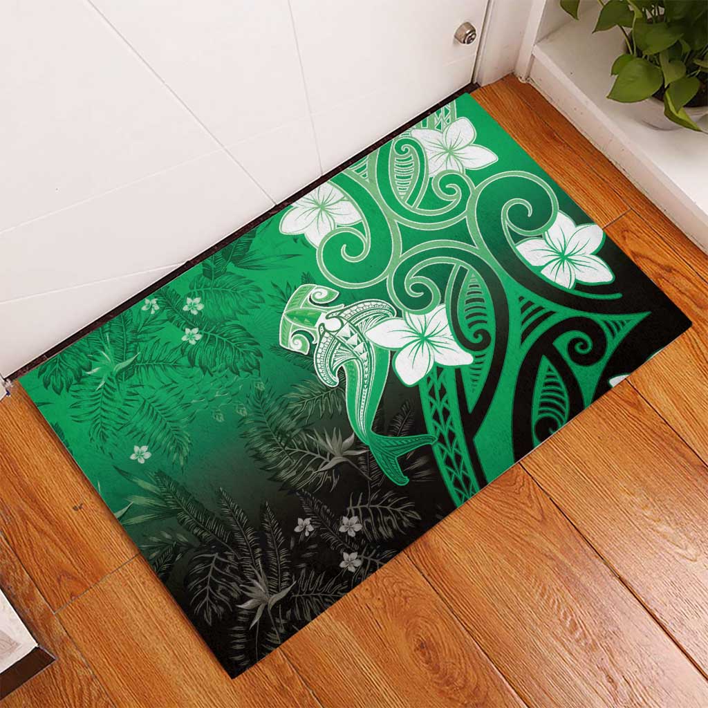 Polynesia Hammerhead Shark Rubber Doormat Green Tribal Pattern With Plumeria LT05 - Polynesian Pride