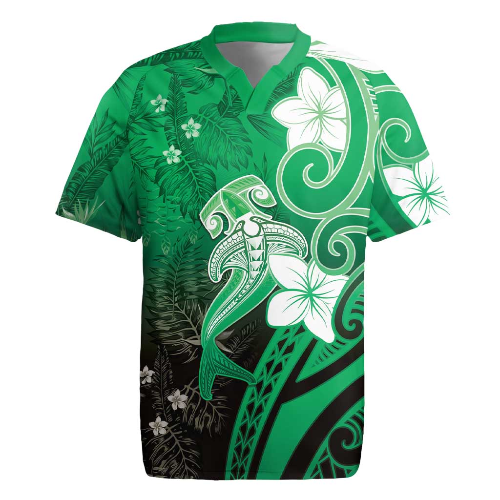 Polynesia Hammerhead Shark Rugby Jersey Green Tribal Pattern With Plumeria - Polynesian Pride