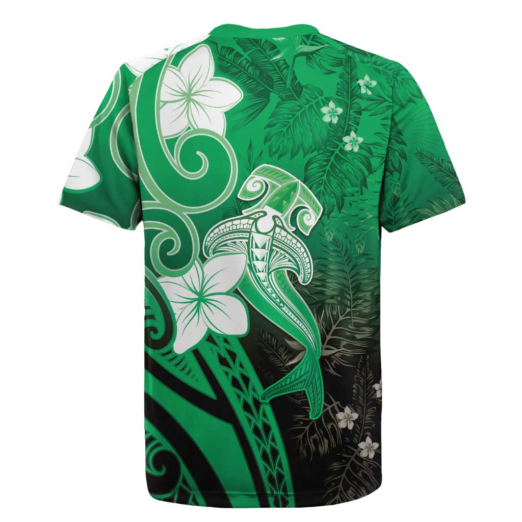 Polynesia Hammerhead Shark Rugby Jersey Green Tribal Pattern With Plumeria - Polynesian Pride