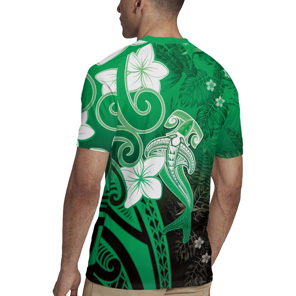 Polynesia Hammerhead Shark Rugby Jersey Green Tribal Pattern With Plumeria - Polynesian Pride