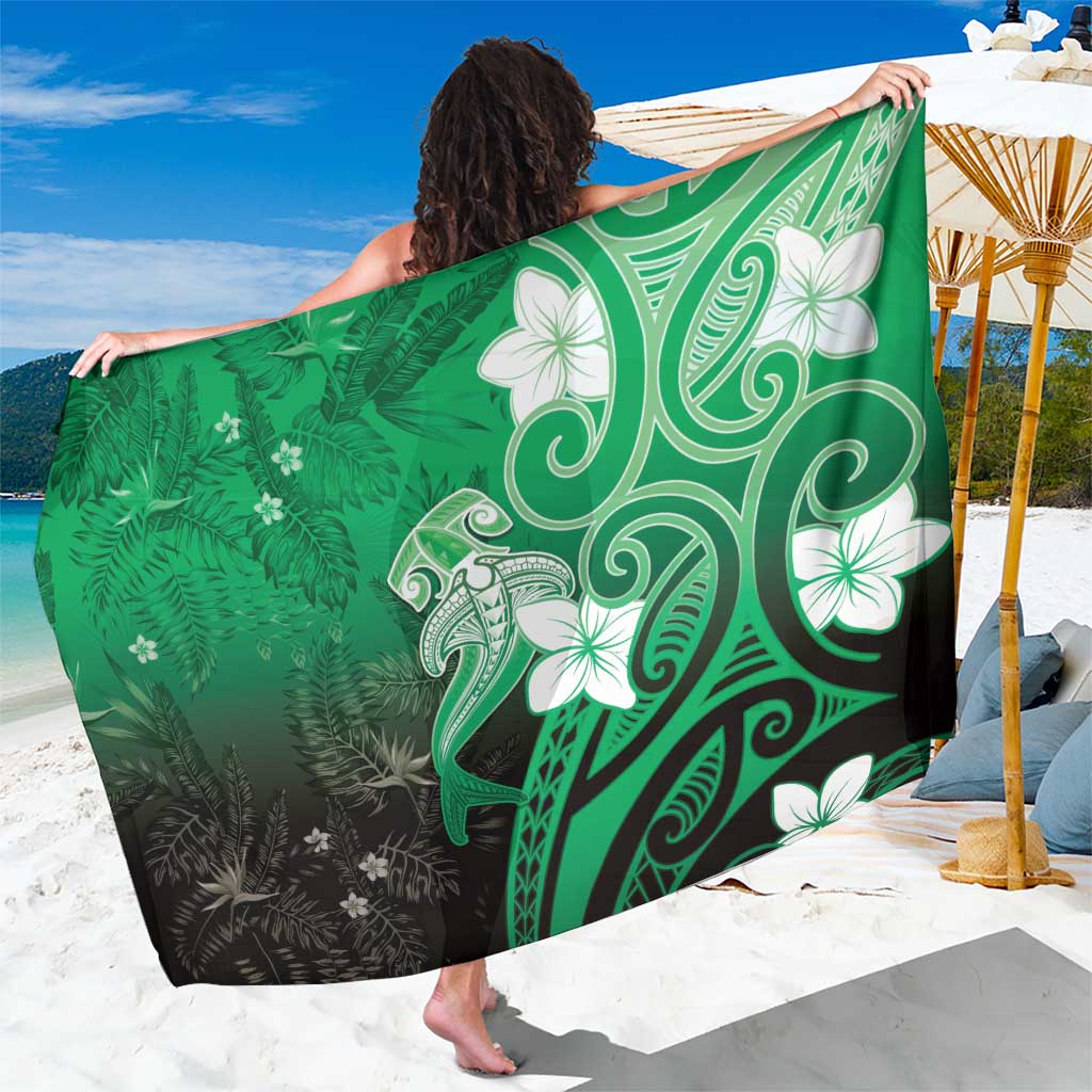 Polynesia Hammerhead Shark Sarong Green Tribal Pattern With Plumeria - Polynesian Pride