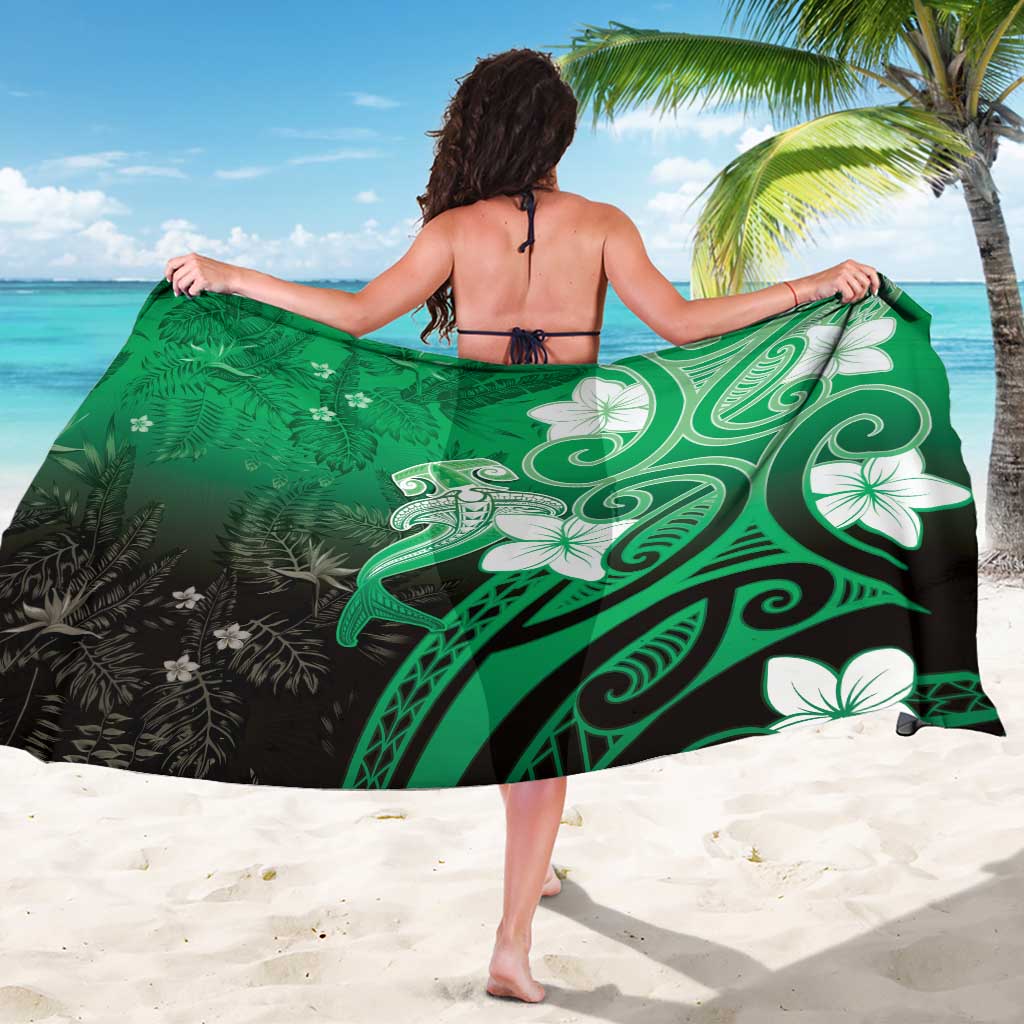 Polynesia Hammerhead Shark Sarong Green Tribal Pattern With Plumeria - Polynesian Pride