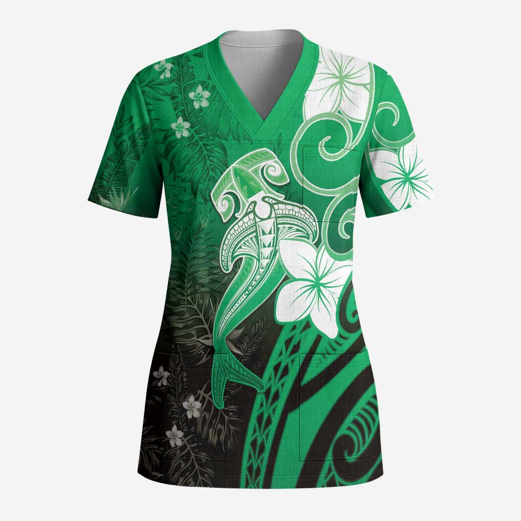 Polynesia Hammerhead Shark Scrub Top Green Tribal Pattern With Plumeria LT05 Adult Green - Polynesian Pride