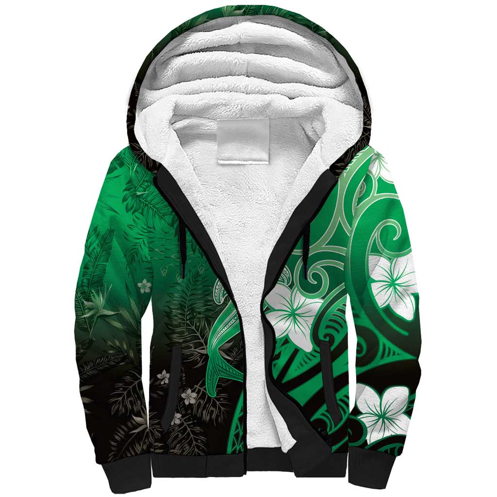 Polynesia Hammerhead Shark Sherpa Hoodie Green Tribal Pattern With Plumeria - Polynesian Pride