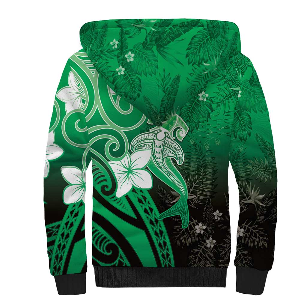 Polynesia Hammerhead Shark Sherpa Hoodie Green Tribal Pattern With Plumeria - Polynesian Pride