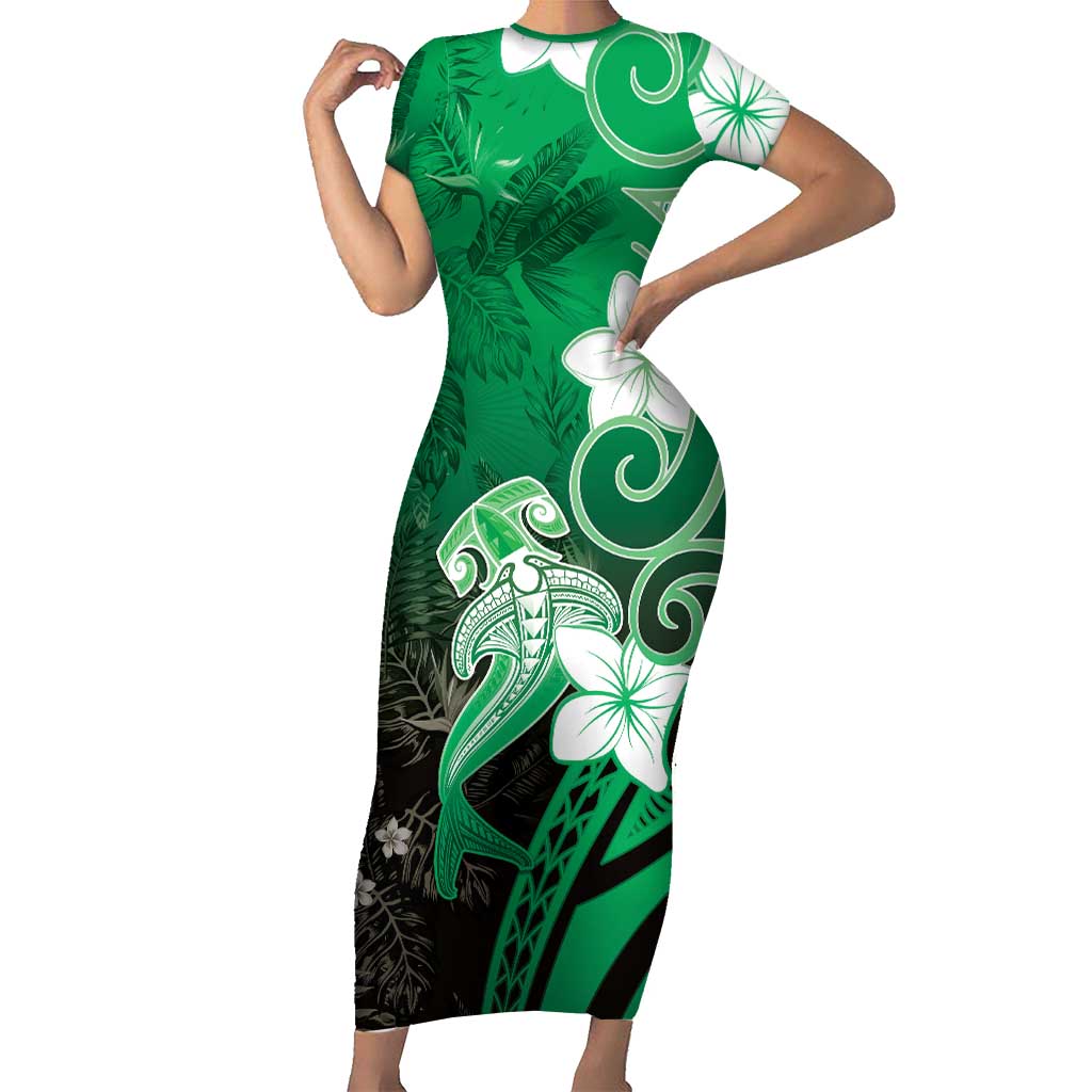 Polynesia Hammerhead Shark Short Sleeve Bodycon Dress Green Tribal Pattern With Plumeria LT05 Long Dress Green - Polynesian Pride