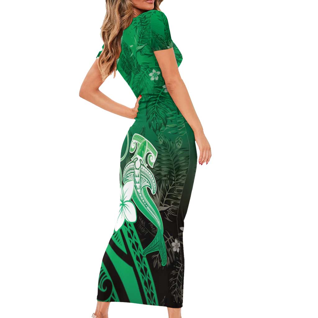 Polynesia Hammerhead Shark Short Sleeve Bodycon Dress Green Tribal Pattern With Plumeria LT05 - Polynesian Pride