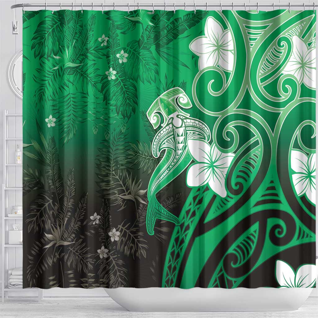 Polynesia Hammerhead Shark Shower Curtain Green Tribal Pattern With Plumeria - Polynesian Pride