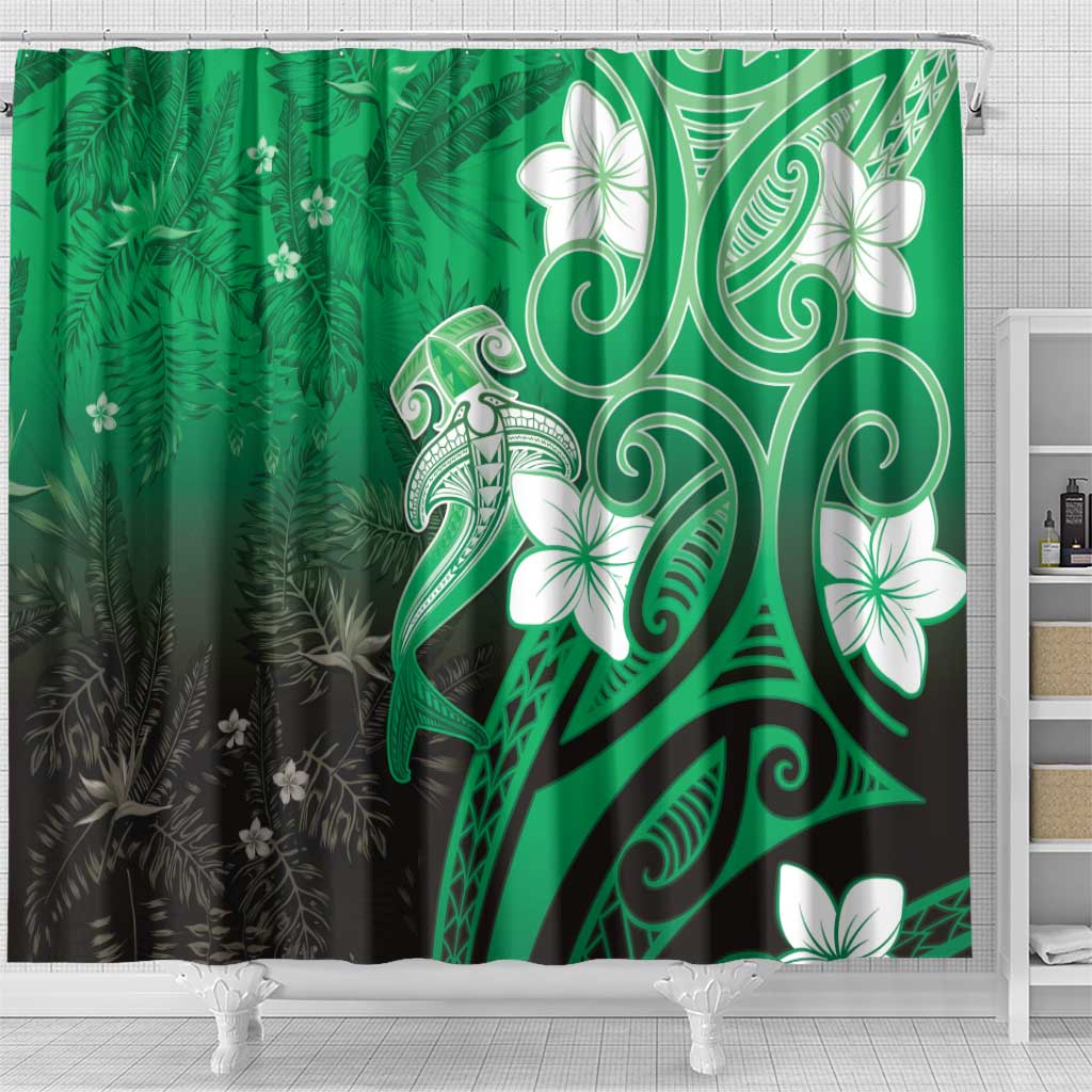 Polynesia Hammerhead Shark Shower Curtain Green Tribal Pattern With Plumeria - Polynesian Pride