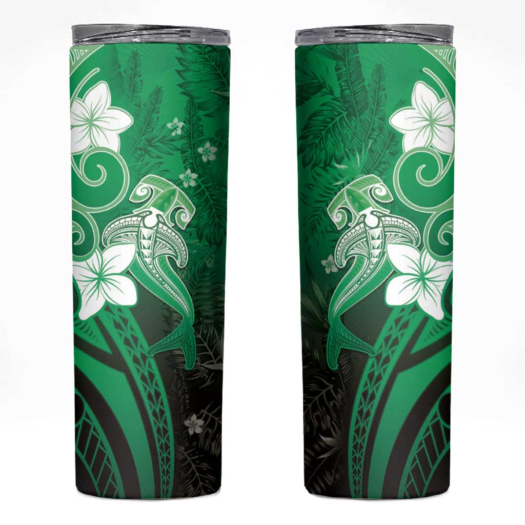 Polynesia Hammerhead Shark Skinny Tumbler Green Tribal Pattern With Plumeria LT05 Green - Polynesian Pride