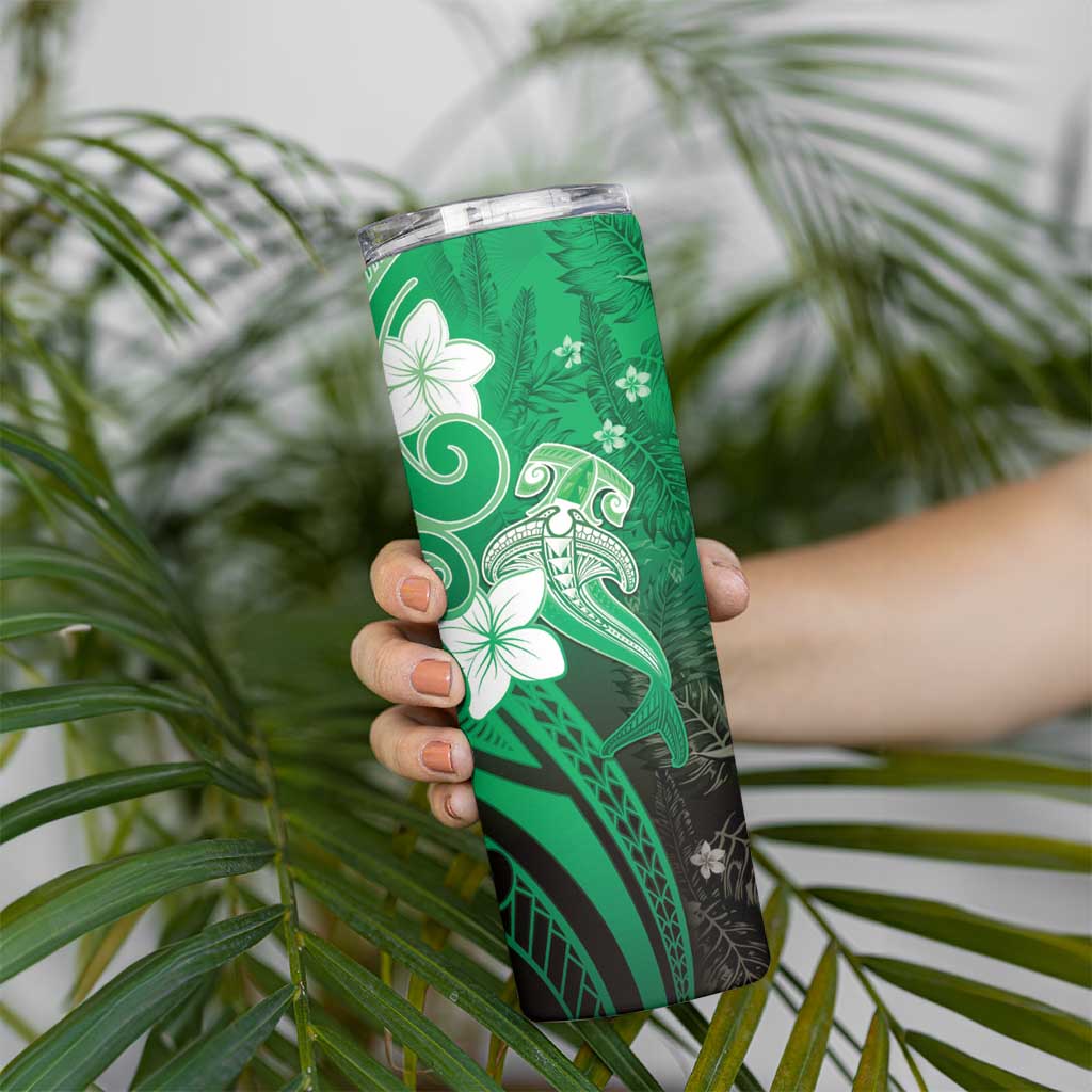 Polynesia Hammerhead Shark Skinny Tumbler Green Tribal Pattern With Plumeria LT05 - Polynesian Pride