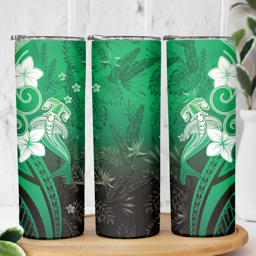 Polynesia Hammerhead Shark Skinny Tumbler Green Tribal Pattern With Plumeria LT05 - Polynesian Pride