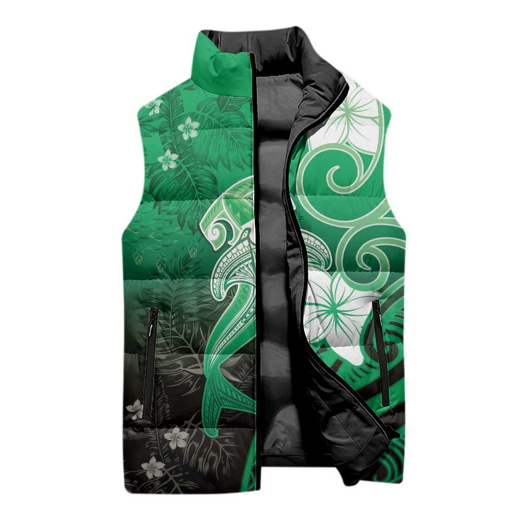 Polynesia Hammerhead Shark Sleeveless Puffer Jacket Green Tribal Pattern With Plumeria LT05 - Polynesian Pride