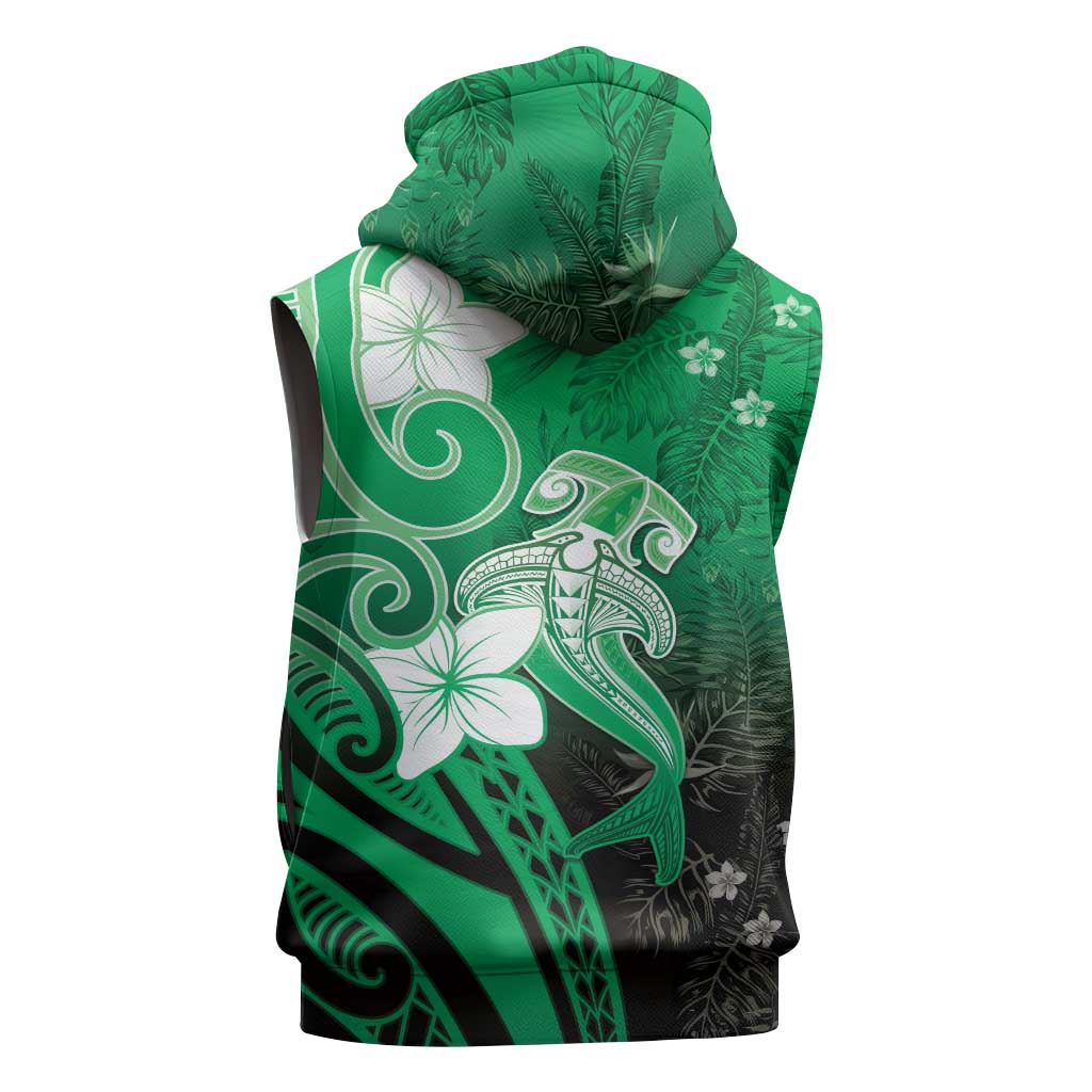 Polynesia Hammerhead Shark Sleeveless Zip Hoodie Green Tribal Pattern With Plumeria LT05 - Polynesian Pride