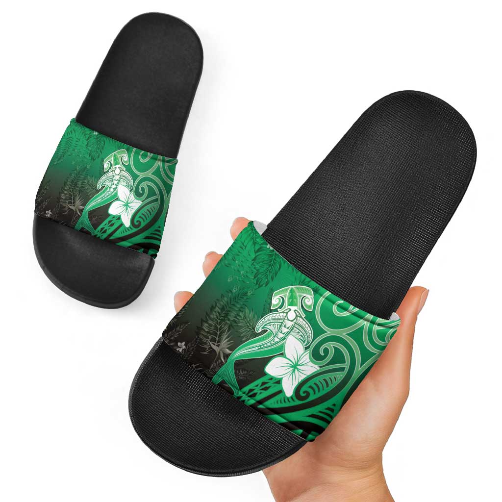 Polynesia Hammerhead Shark Slide Sandals Green Tribal Pattern With Plumeria - Polynesian Pride