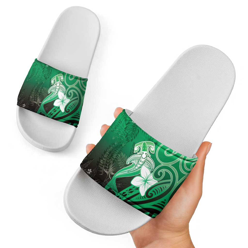 Polynesia Hammerhead Shark Slide Sandals Green Tribal Pattern With Plumeria - Polynesian Pride