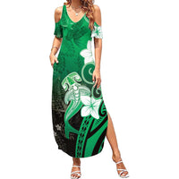Polynesia Hammerhead Shark Summer Maxi Dress Green Tribal Pattern With Plumeria - Polynesian Pride