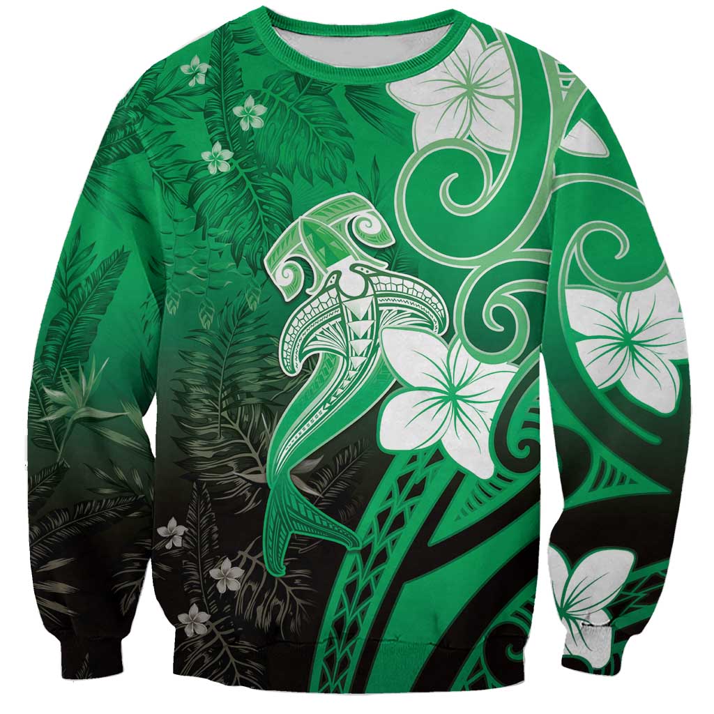 Polynesia Hammerhead Shark Sweatshirt Green Tribal Pattern With Plumeria - Polynesian Pride