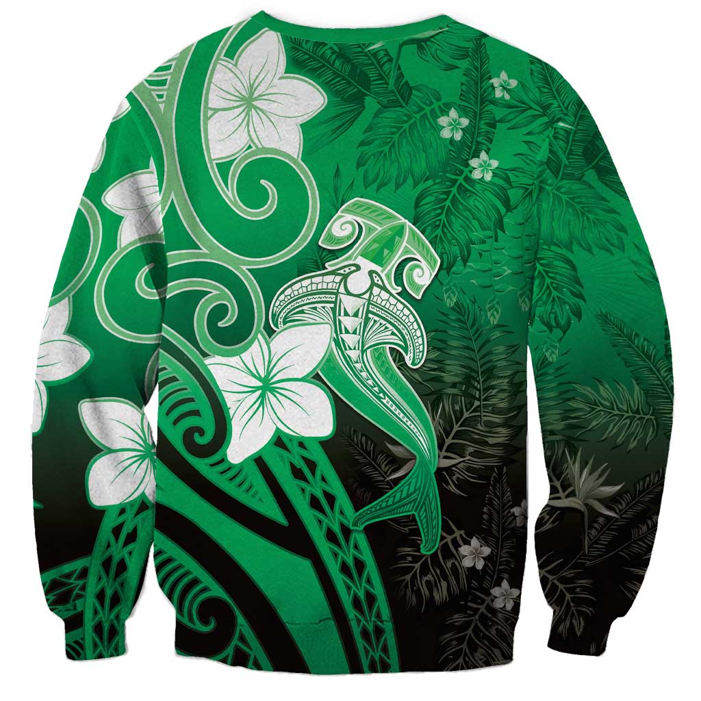 Polynesia Hammerhead Shark Sweatshirt Green Tribal Pattern With Plumeria - Polynesian Pride